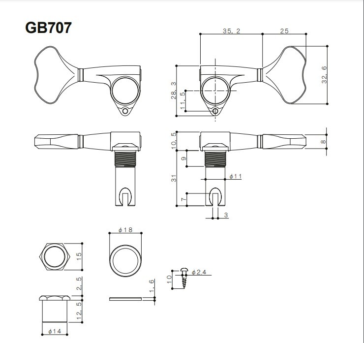 Gotoh GB707 Single Bass Tuner Machine Left Side Black
